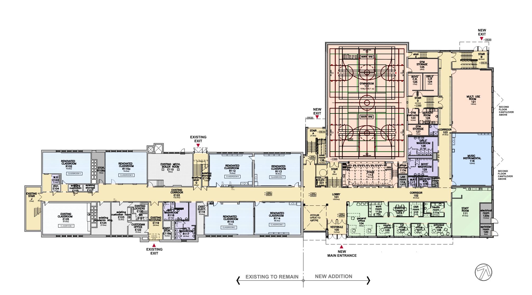 First floor plan looking down from above depicting instructional & operations spaces situated on the first floor after the project is completed. Open Gallery